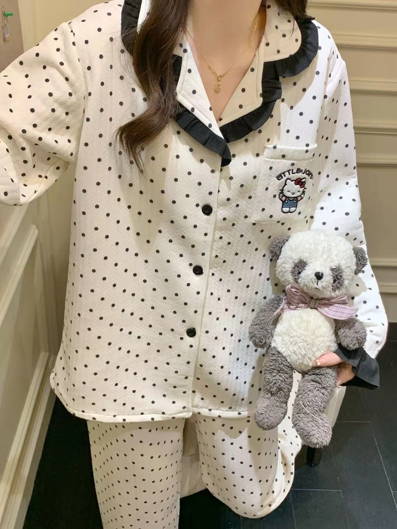 【黑糖kt】韩版甜美花边波点睡衣女秋冬季空气棉加厚保暖家居服套装