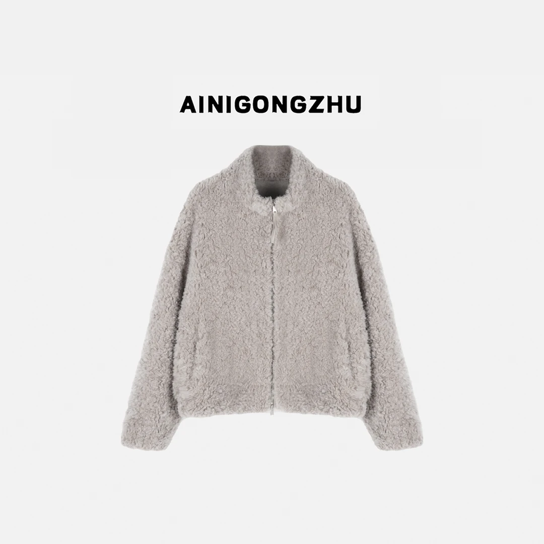AINIGONGZHU/艾妮公主冬女款拉链款短款立领羊毛颗粒短外套K25201