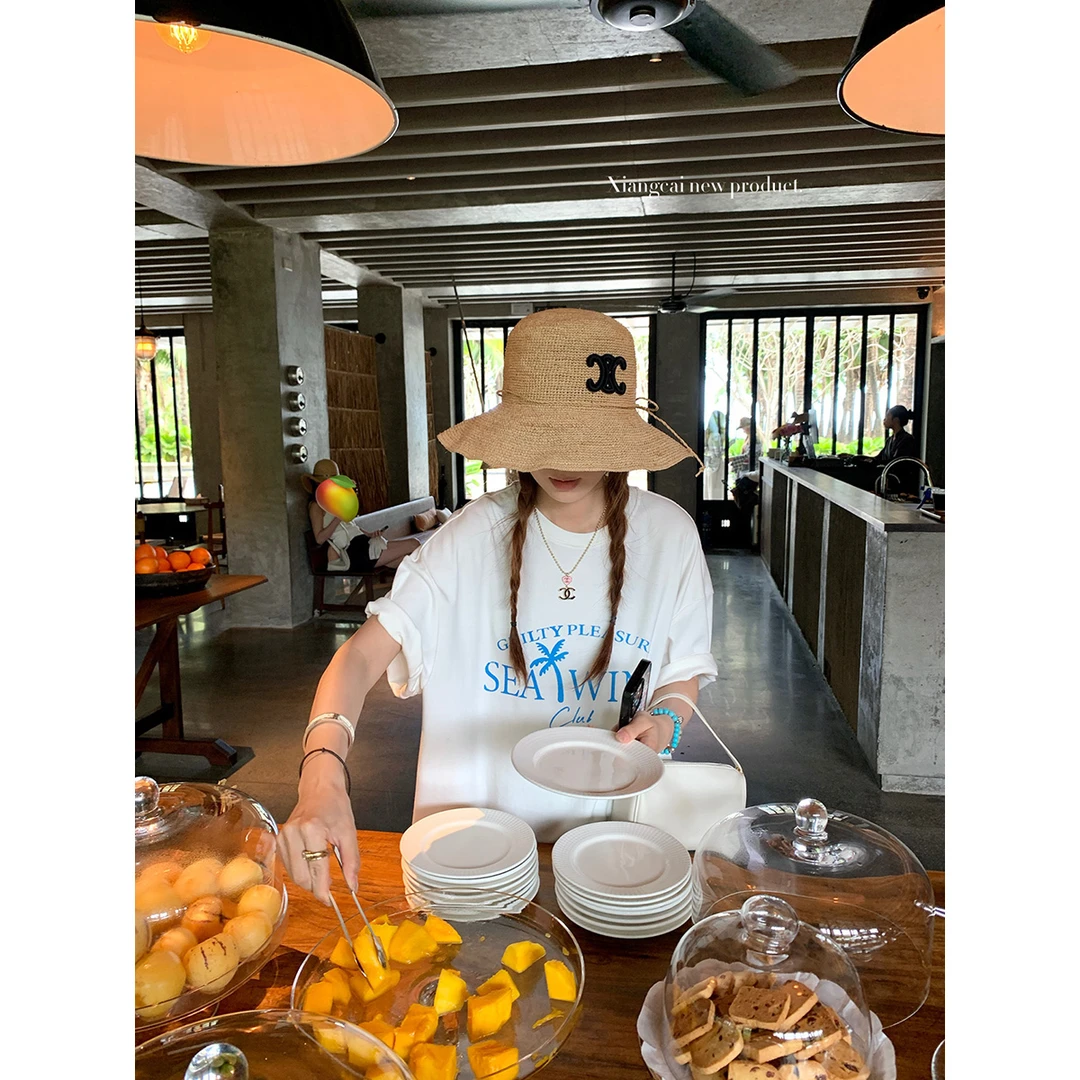 香菜不加辣XIANGCAI 3/5 20点 原创撞色椰树印花阔版T恤