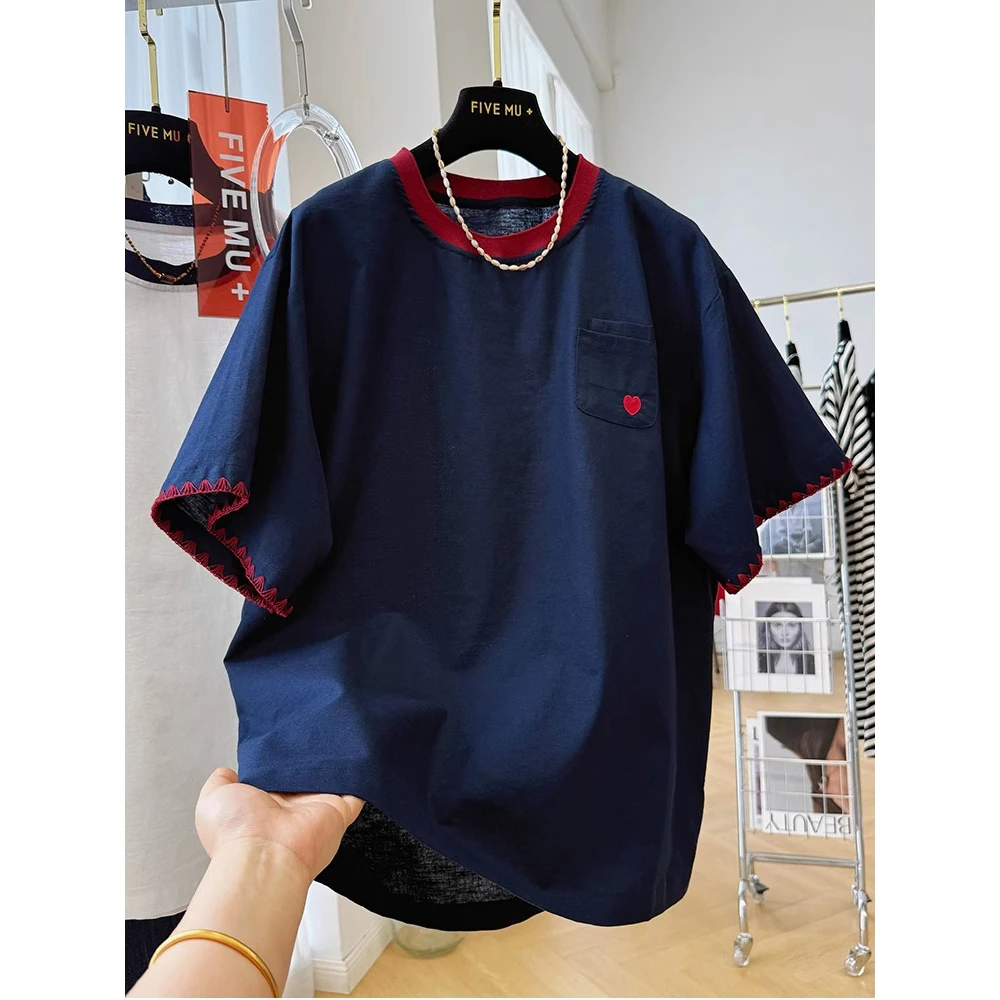 胖mm240斤大码拼接撞色刺绣雪花棉短袖T恤女夏季宽松休闲上衣薄款