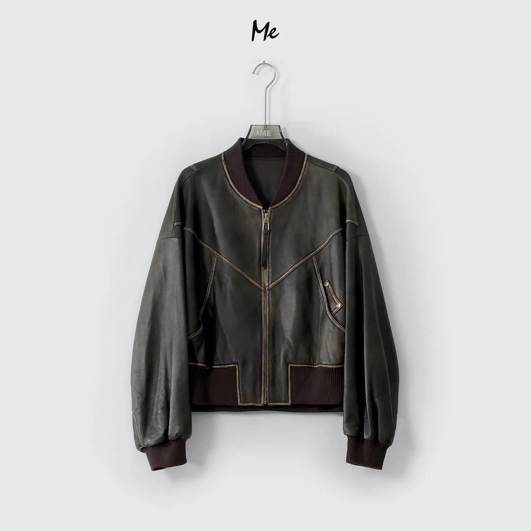 ME【枪色皮衣】定制羊皮中古擦色百搭休闲柔韧真皮皮衣 MESS0231