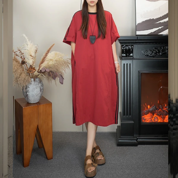 肉肉家  2025年夏季新款百搭休闲款式大码洋气拼色连衣裙