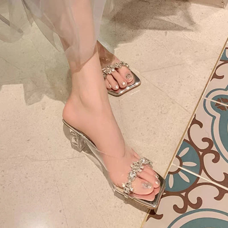 透明水晶高跟鞋性感水钻凉鞋粗跟绝美凉拖鞋女外穿时尚百搭高级感