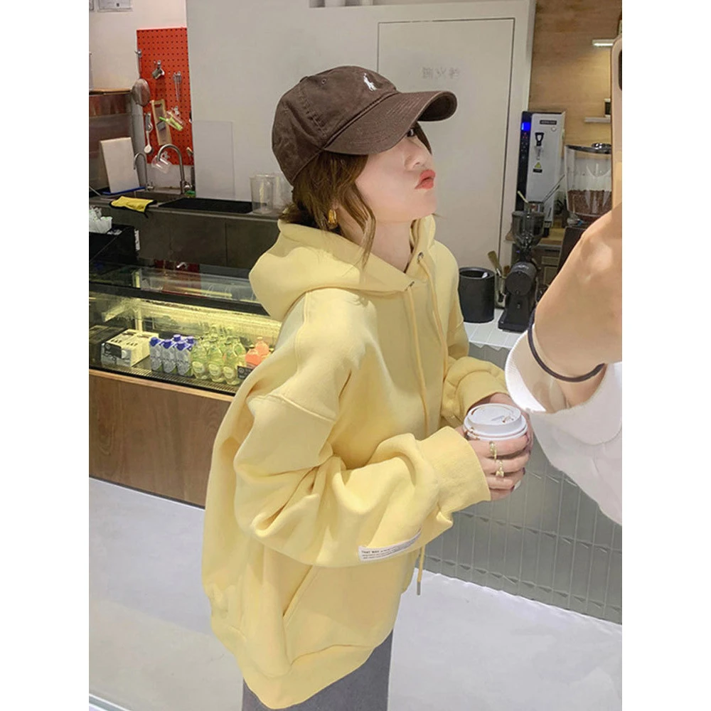 鹅黄色连帽长袖卫衣女春秋季新款爆款小个子宽松百搭美式复古上衣