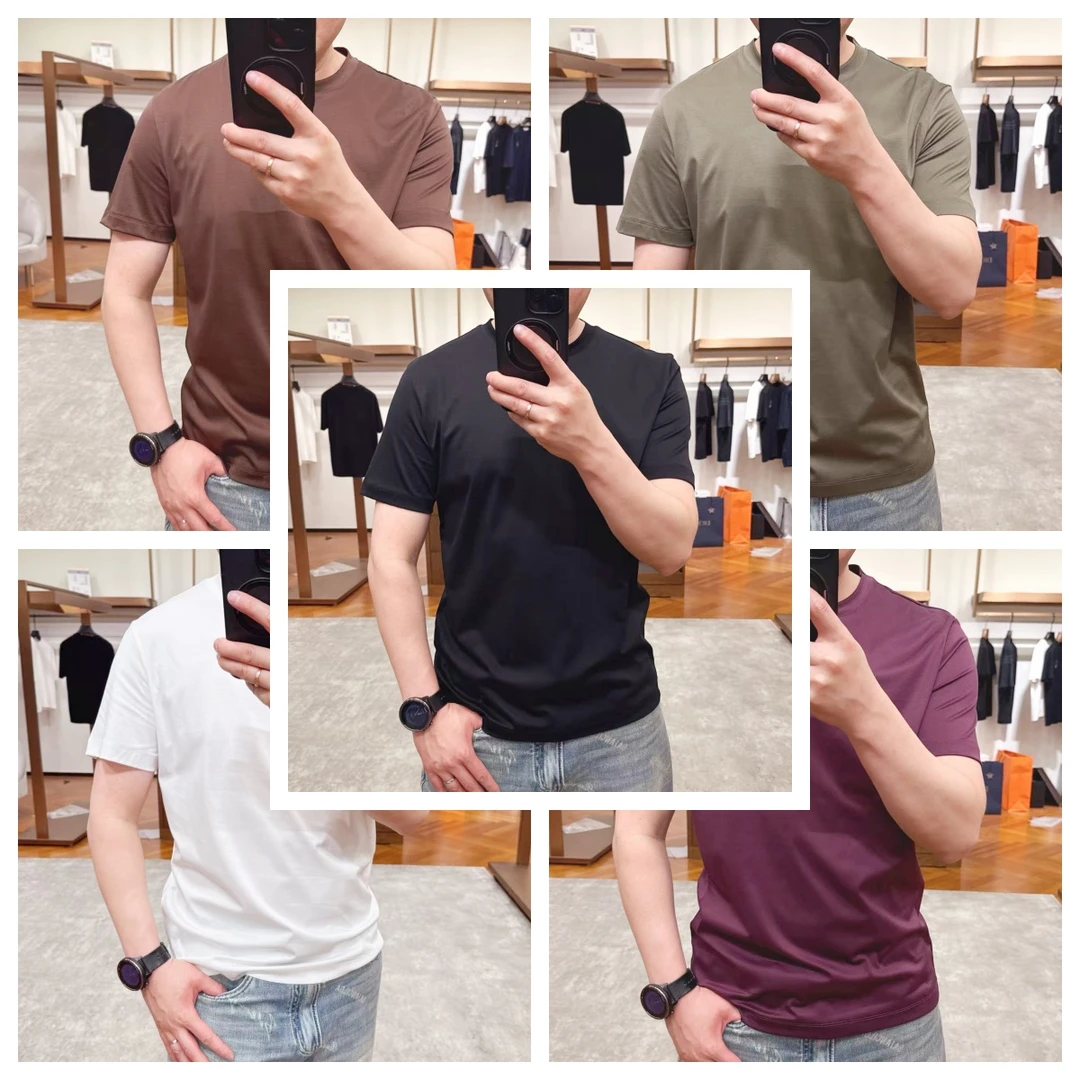 高端奢华200S液氨纯棉T恤圆领凉感短袖纯色半袖商务男士打底T恤