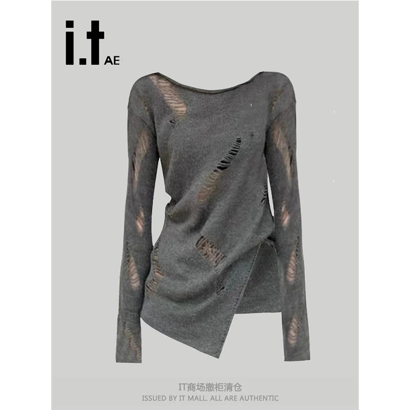 灰色镂空针织衫女秋冬季穿搭设计感罩衫宽松时尚长袖开叉破洞上衣