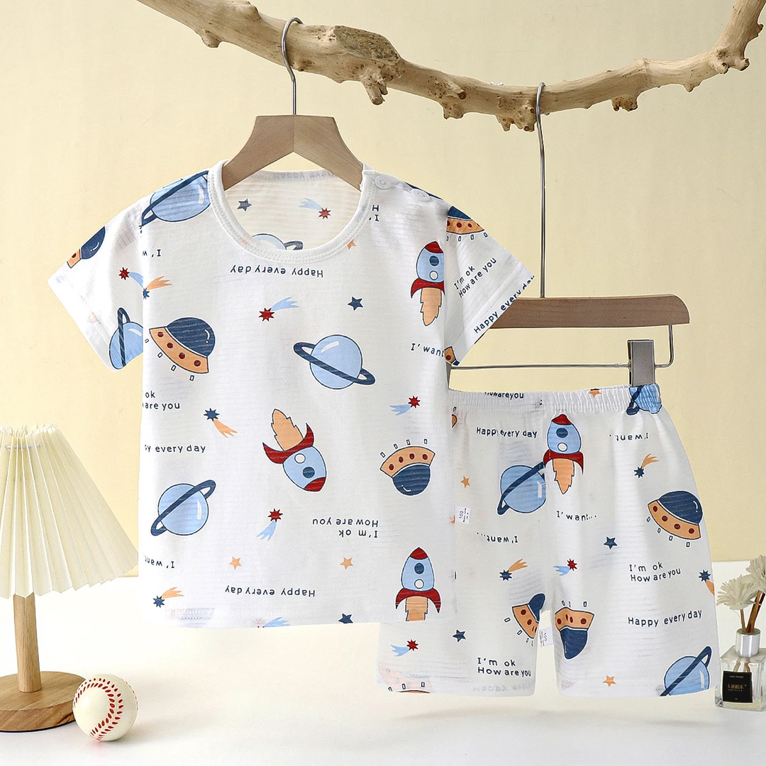 新款儿童家居服睡衣夏季纯棉内衣套装镂空薄款空调服男女童两件套