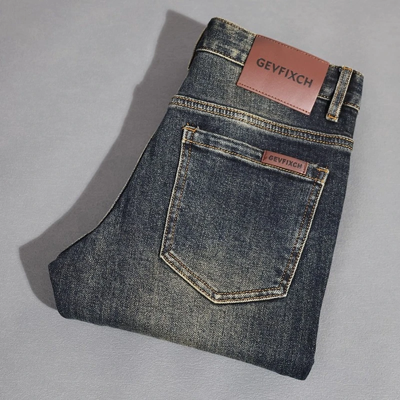 高端时尚百搭弹力休闲裤子男欧洲站新款复古色修身小脚牛仔裤男士