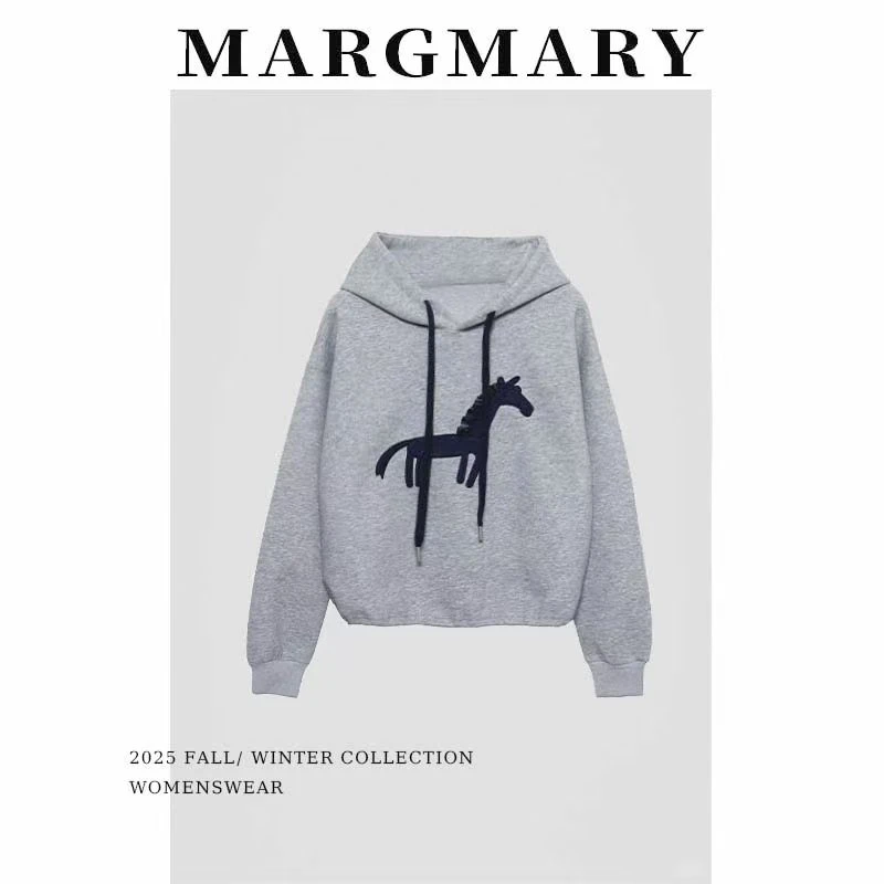 2025秋冬设计师新款休闲时尚百搭潮流时尚显瘦小马刺绣连帽卫衣