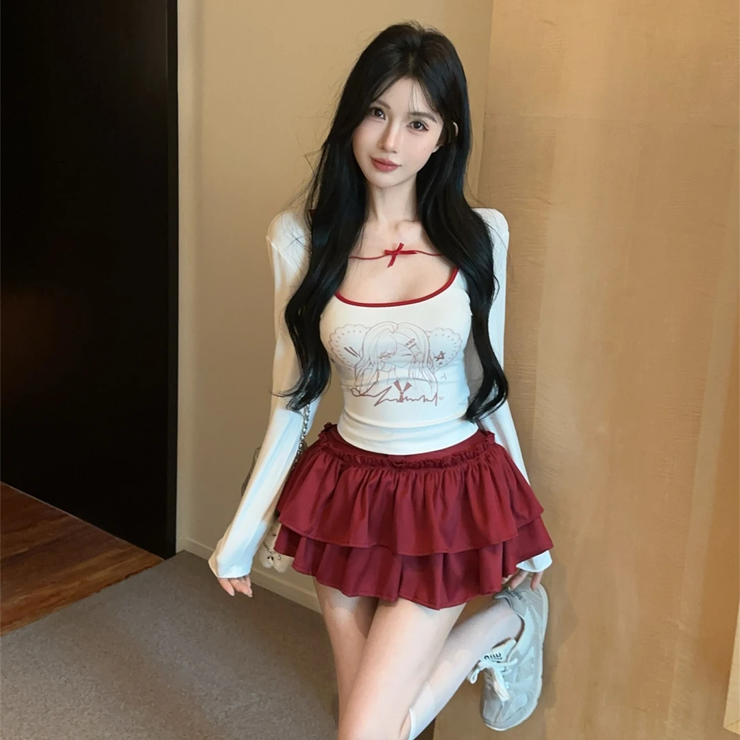 少女纯欲风印花长袖上衣修身显瘦高腰时尚甜美蛋糕裙短裙两件套装