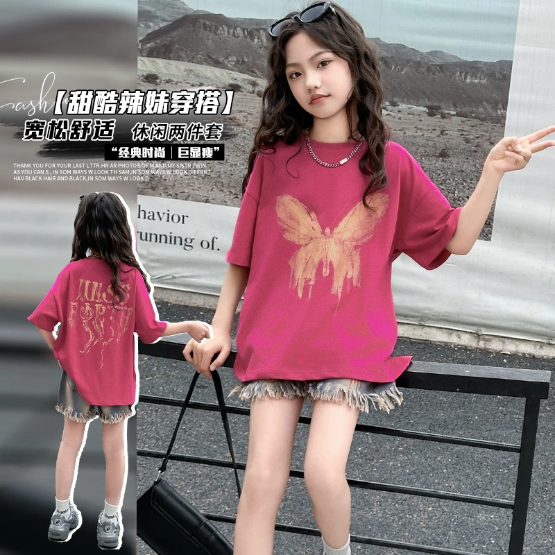 女童短袖t恤2025新款夏季女大童宽松半袖洋气夏装儿童潮牌上衣