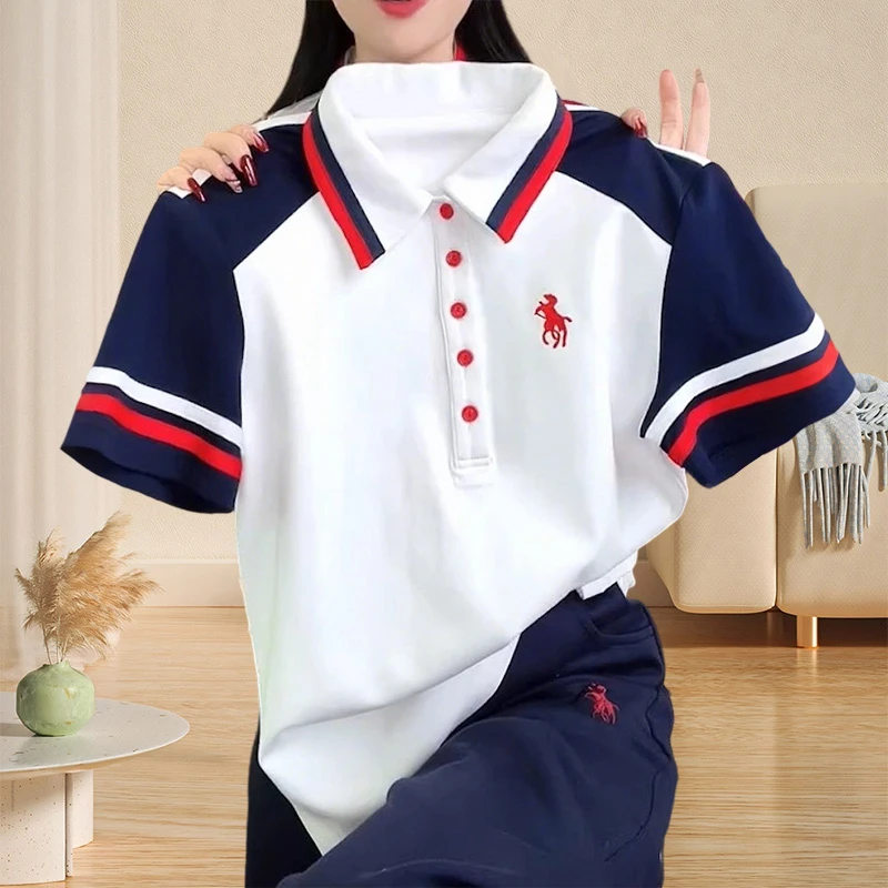 2025夏季新款韩版撞色翻领短袖T恤女洋气显瘦超好看女装拼接上衣