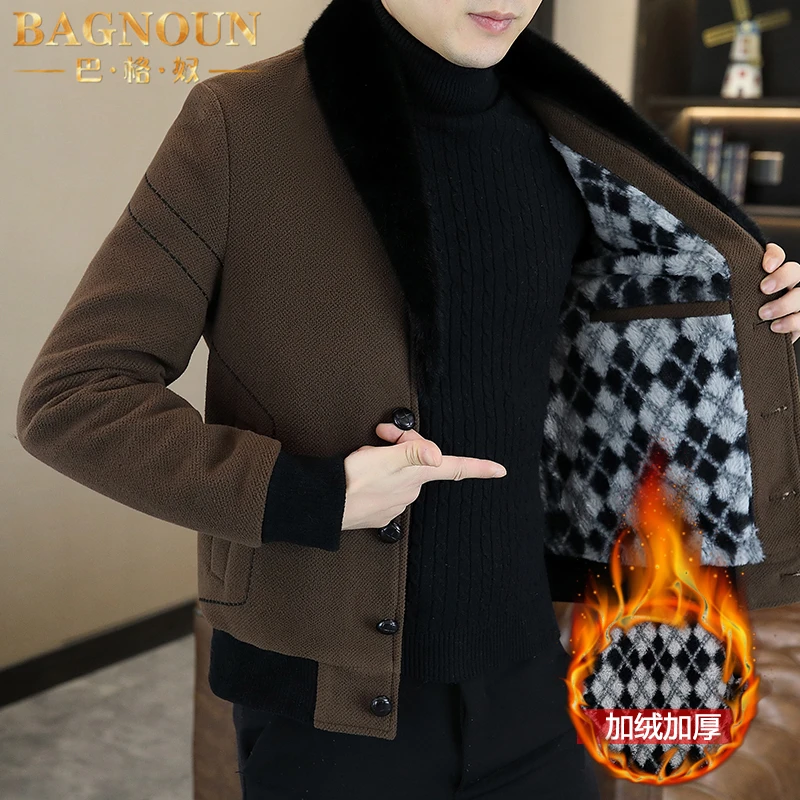 巴格奴毛呢大衣男士秋冬季新款时尚高端加绒加厚短款商务毛领外套