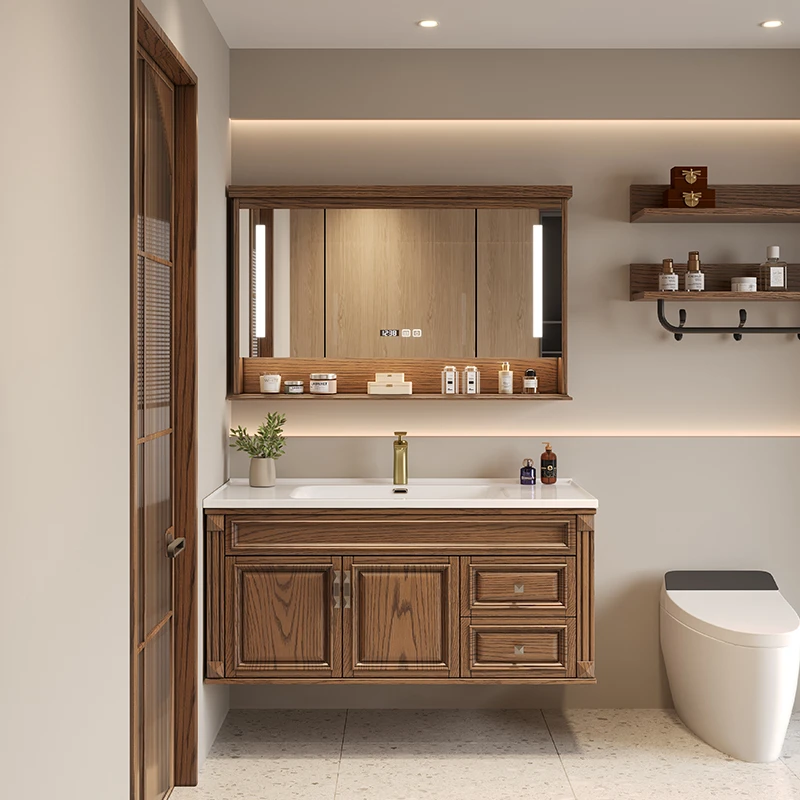 新中式浴室柜卫生间悬挂卫浴柜红橡美式实木简欧洗手盆洗漱台组合