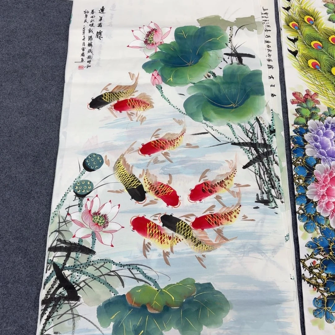 国画140×70金线鱼手绘画画画