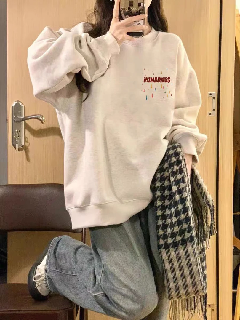 白灰色美式复古加绒加厚卫衣女士2025新款秋冬宽松慵懒风无帽上衣