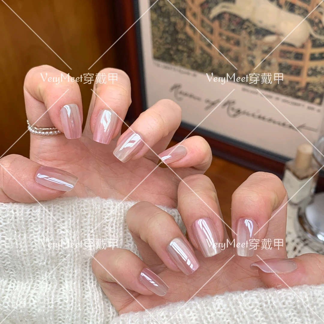 VeryMeet穿戴渐变粉猫眼电镀短方甲百搭高级感显白美甲贴91