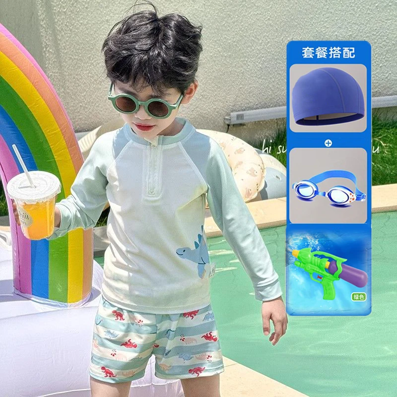 儿童泳衣男童小中大童长袖防晒游泳衣男孩速干宝宝泳裤套装泳装潮