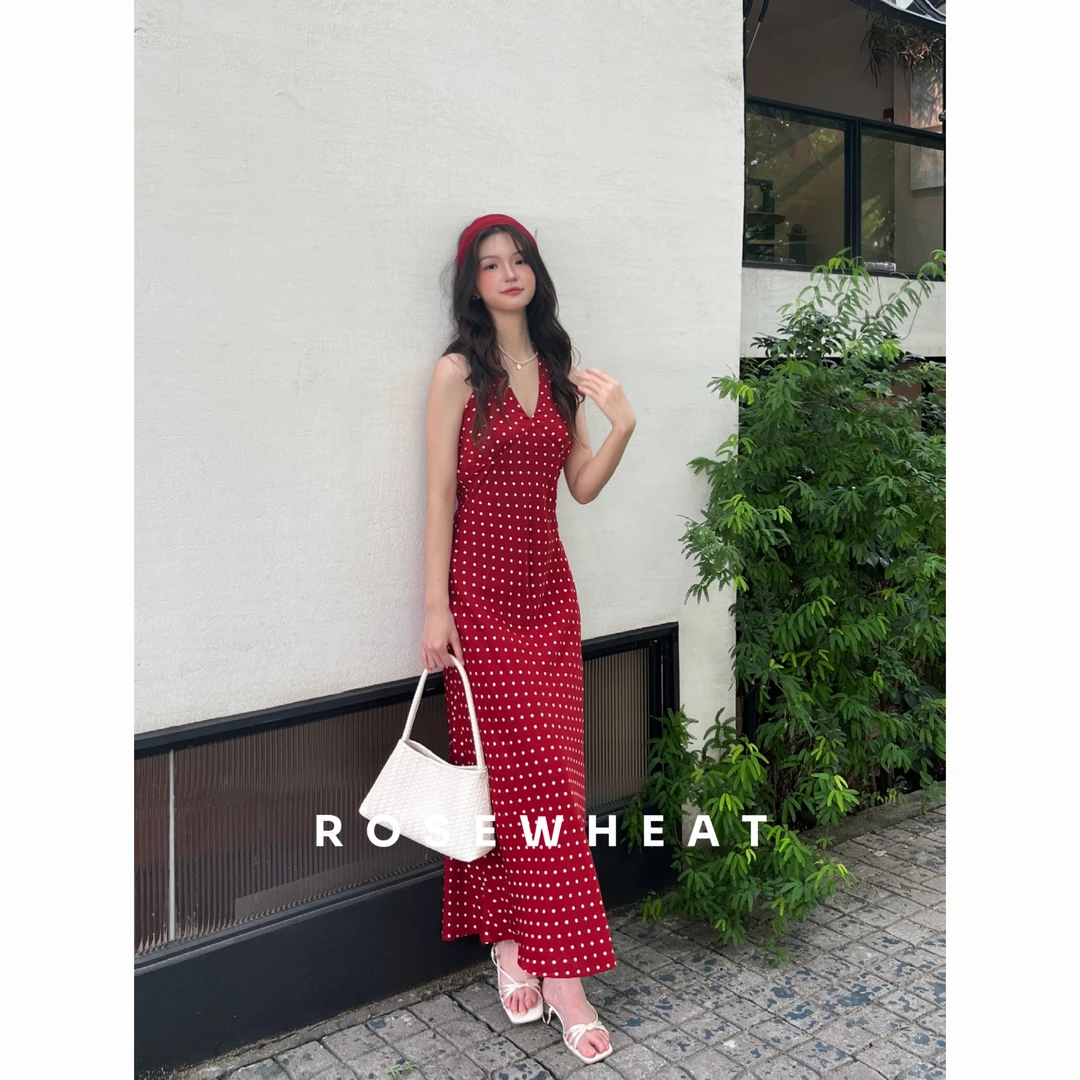 麦田玫瑰 法式挂脖红色波点连衣裙【请认准实体正版】