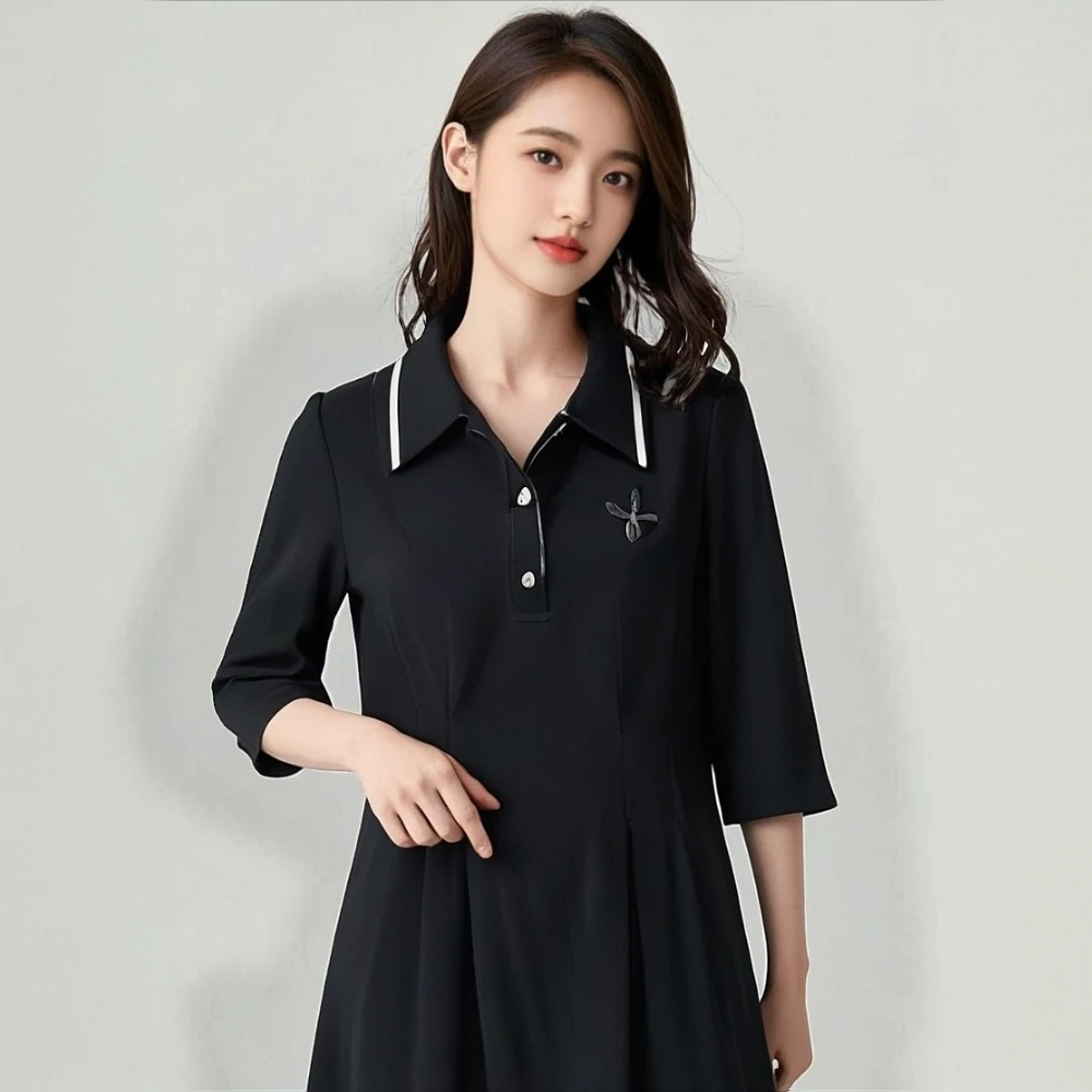 D020 百搭POLO领气质连衣裙子夏季新款休闲收腰显瘦A字时尚小黑裙