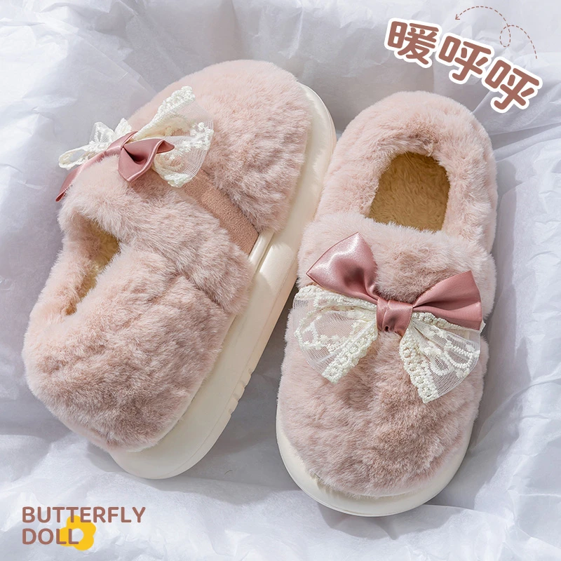 厚底加绒棉鞋情侣居家室内保暖防滑外穿时尚百搭蝴蝶结加绒超暖冬