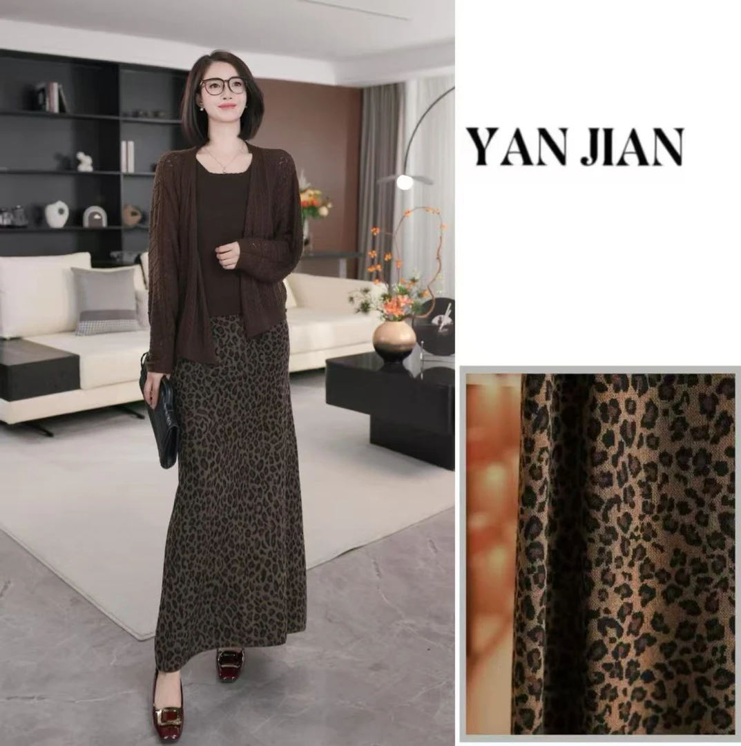 YAN JIAN【豹纹针织裙】定染豹纹花色精纺羊毛松紧半身裙