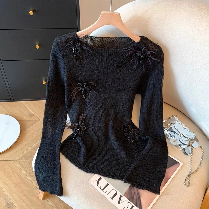 时尚百搭法式钉珠花朵长袖上衣女春秋新款辣妹显瘦内搭黑色针织衫