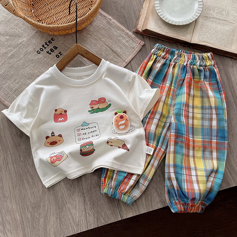 半袖通用韩版夏季套装上衣女童装格子卡通动漫帅气中性短袖两件套