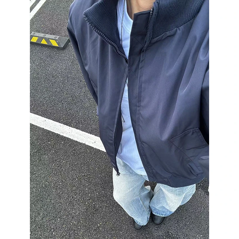 藏青色短款廓形飞行员夹克男秋季穿搭美式复古bomber立领工装外套