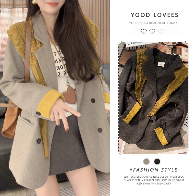 高端欧货2025春秋新款设计感翻领双排扣撞色中长款气质西装短外套