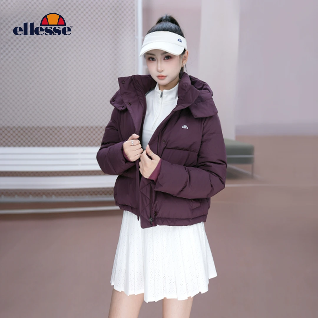 Ellesse2025秋冬新款女士鸭绒羽绒服短款运动风连帽可拆卸外套