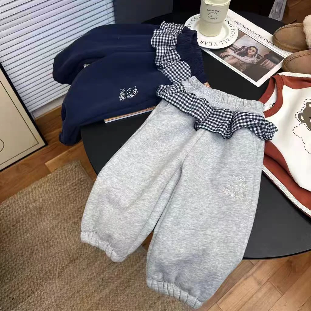 加绒格子花边裤秋冬款3662