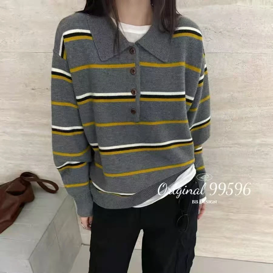 韩版2025秋季新款翻领条纹时尚休闲羊毛针织衫女百搭减龄毛衣潮