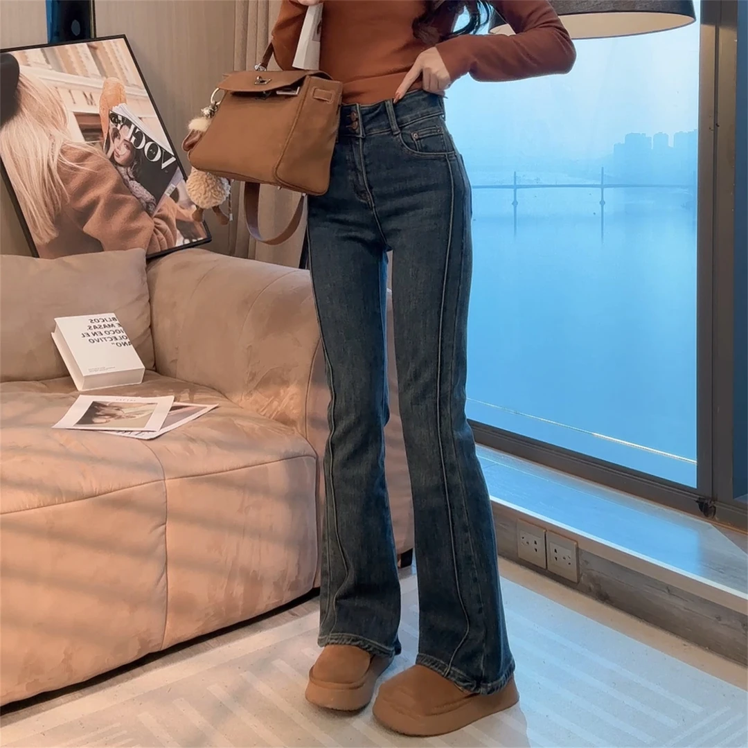 【晓溪服饰】冬季上新微喇牛仔裤女冬季新款高腰遮跨喇叭裤5255