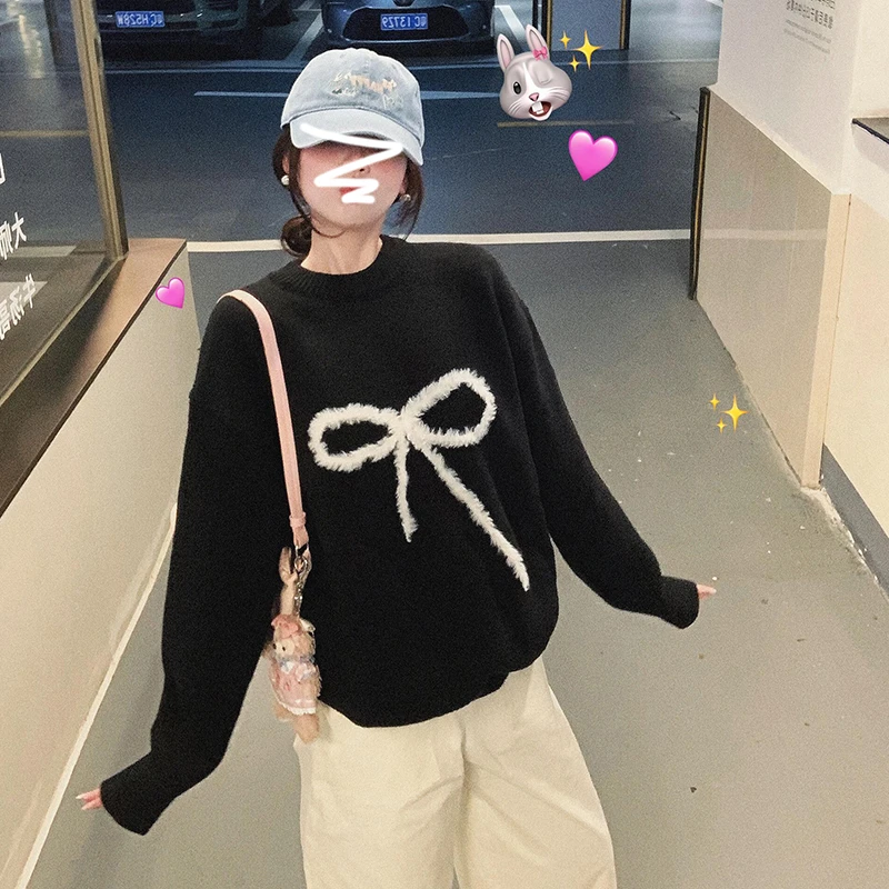 蝴蝶结黑色毛衣女秋冬打底衫爆款2024新款宽松显瘦长袖针织衫6230