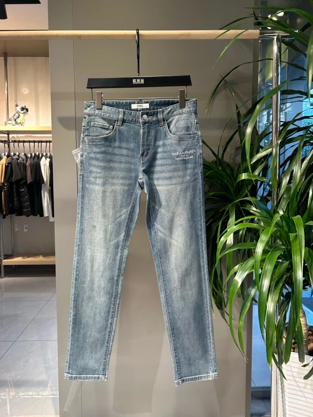 春夏男款长裤水洗男装男夏拼接牛仔裤破洞浅蓝色男士裤子