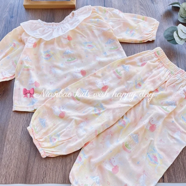 可可爱爱夏季女宝宝荷叶领竹纤维透气居家家居服套装薄