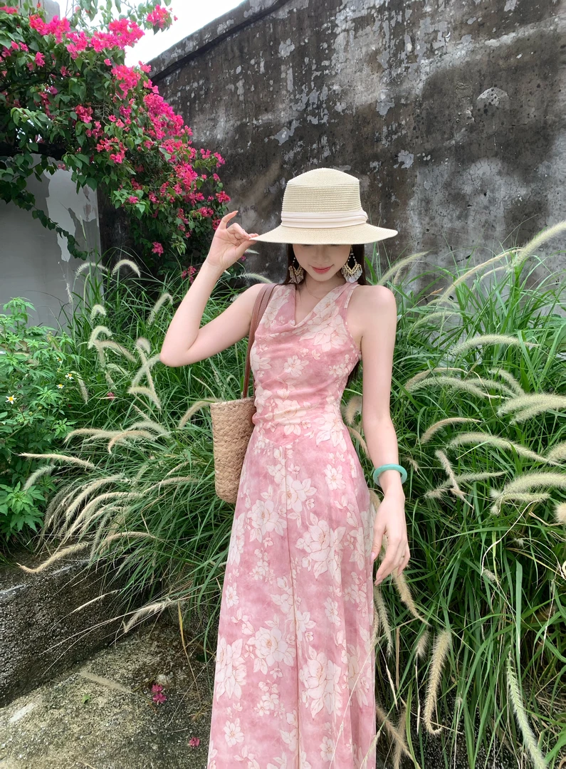 EIA一尧【香榭夏日】法式慵懒显瘦连衣裙气质女人假两件荡领碎花裙