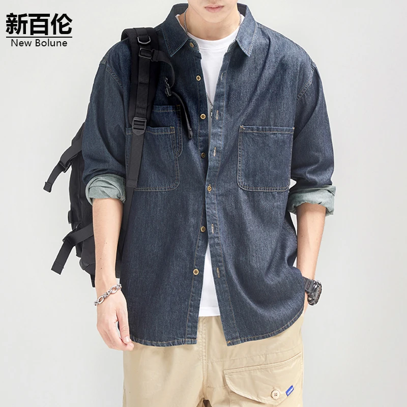 新百伦/NEW BOLUNE美式简约休闲衬衫男秋季新款日系复古牛仔衬衣