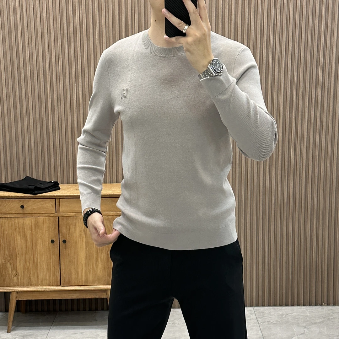 2025秋季新款圆领针织简约长袖针织衫纯色韩版衫休闲长袖9596-1