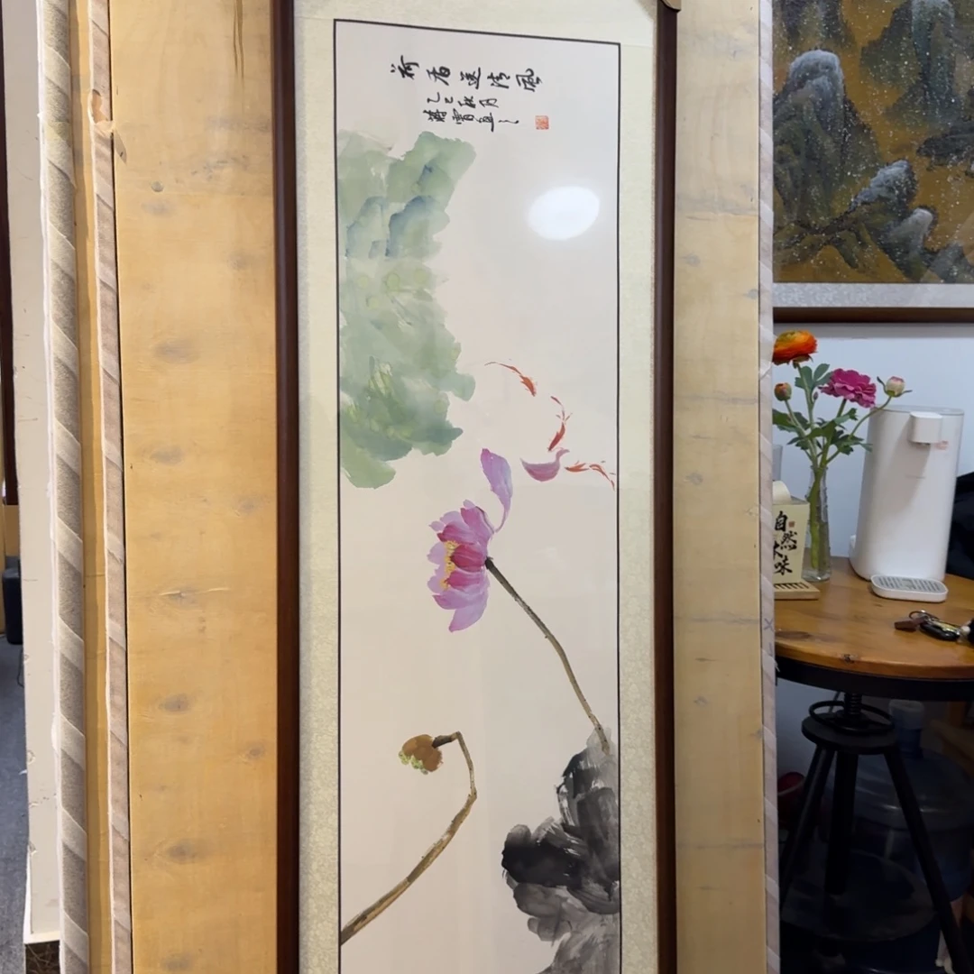 国画四尺对开荷花画框165×49