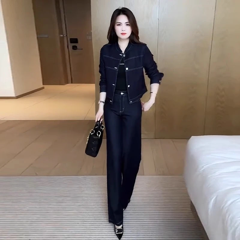 时尚减龄牛仔套装女2025春季新款小个子时髦洋气外套阔腿裤两件套