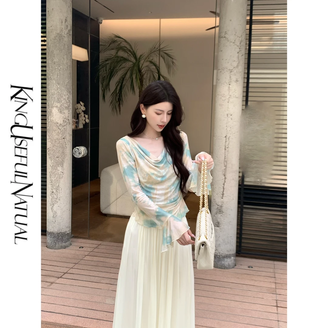 KUN【桑落】特调色 定制晕染弹力网纱撞色印花荡领设计防晒长袖上衣