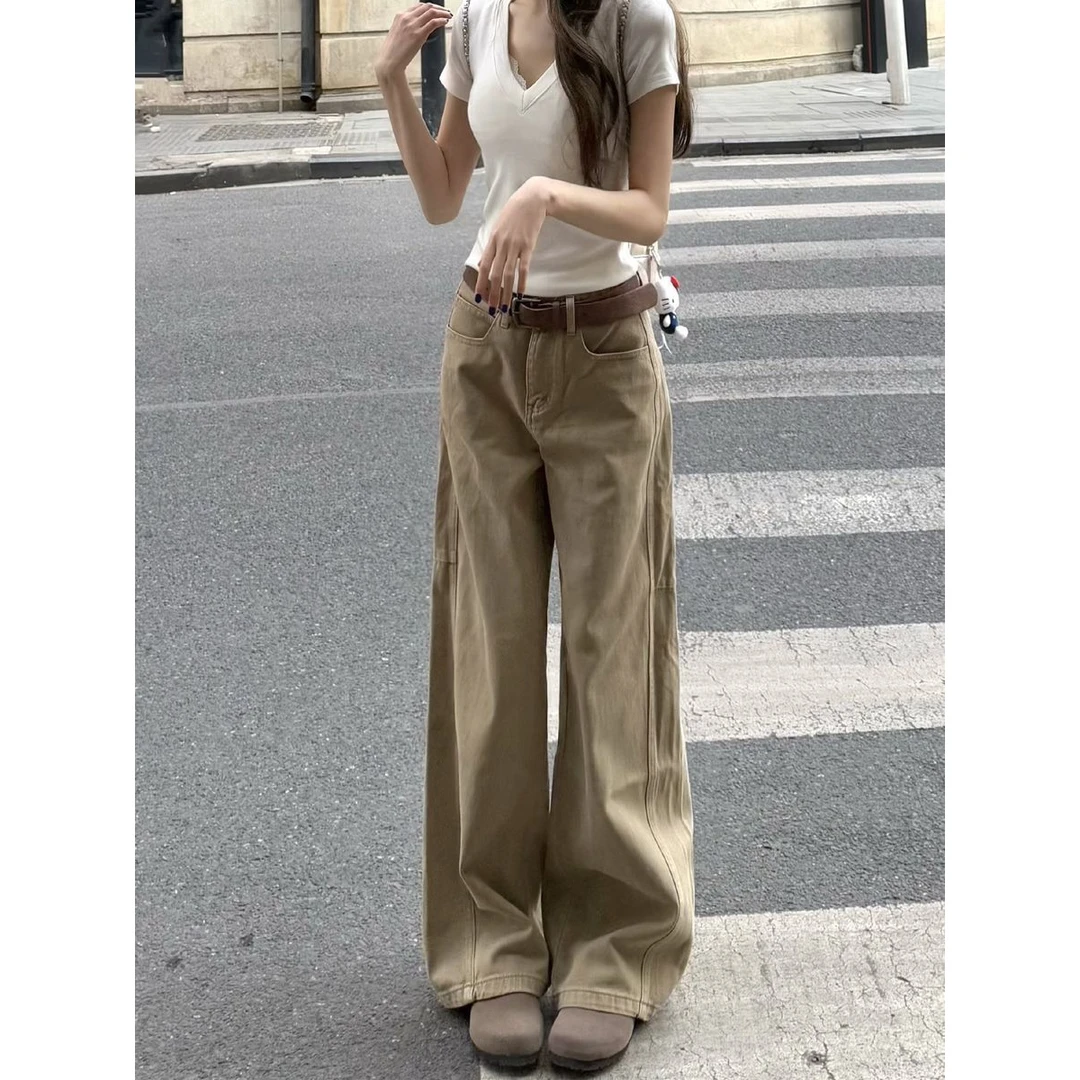 美式拿铁棕阔腿牛仔裤女2025夏季新款低腰宽松显瘦百搭垂感拖地裤