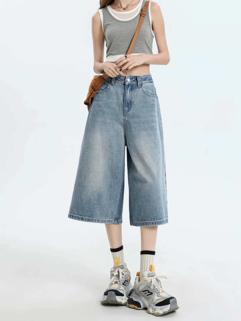 薄款七分阔腿裤女2025新款夏季高腰显瘦宽松牛仔短裤大码直筒裤