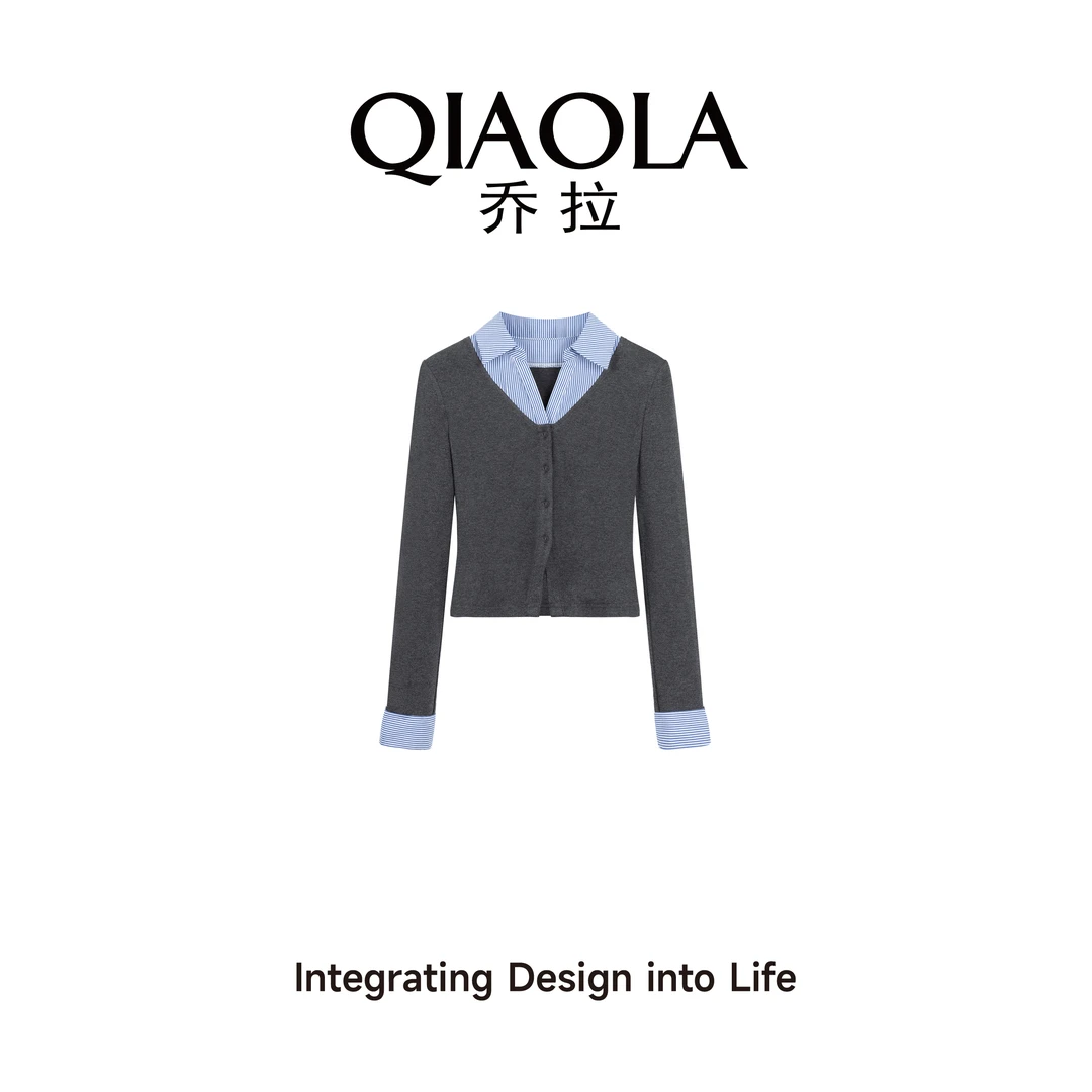 QIAOLA/乔拉【摩登代码】春夏设计感拼接条纹显瘦百搭流行上衣预售