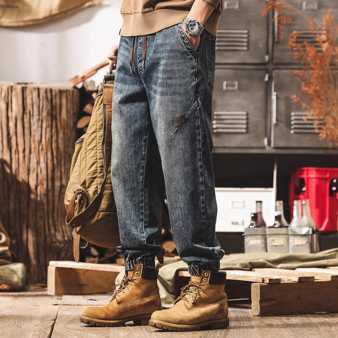 美式复古星空纹牛仔裤男秋冬2025新款潮流宽松束脚工装休闲裤子男