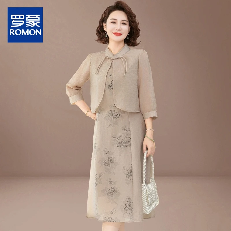 妈妈夏装2025新款雪纺连衣裙两件套阔太太中老年女中国风气质套装