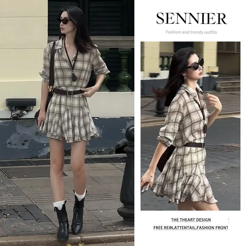 时尚穿搭女2025夏季新款气质高级感百搭显瘦polo领格纹连衣裙女潮