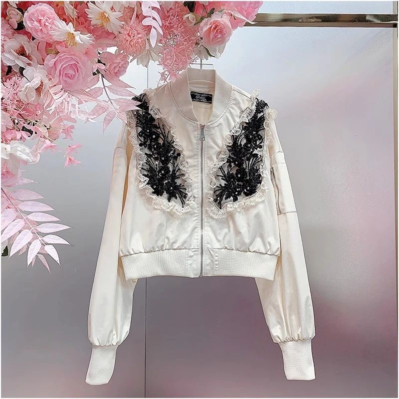 A949欧美设计师2025早春新款重工拼纱钉珠蕾丝花边休闲棒球服外套